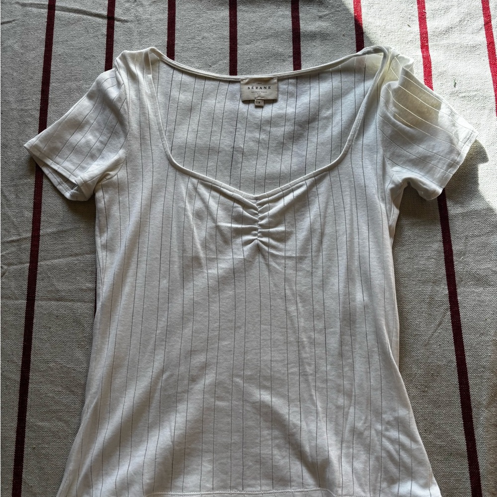Sezane Cream Ribbed Short Sleeve Top
